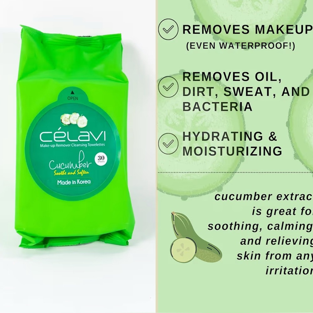 Celavi Cucumber Korean Makeup Remover Cleansing Wipes Removing 30 Towelettes